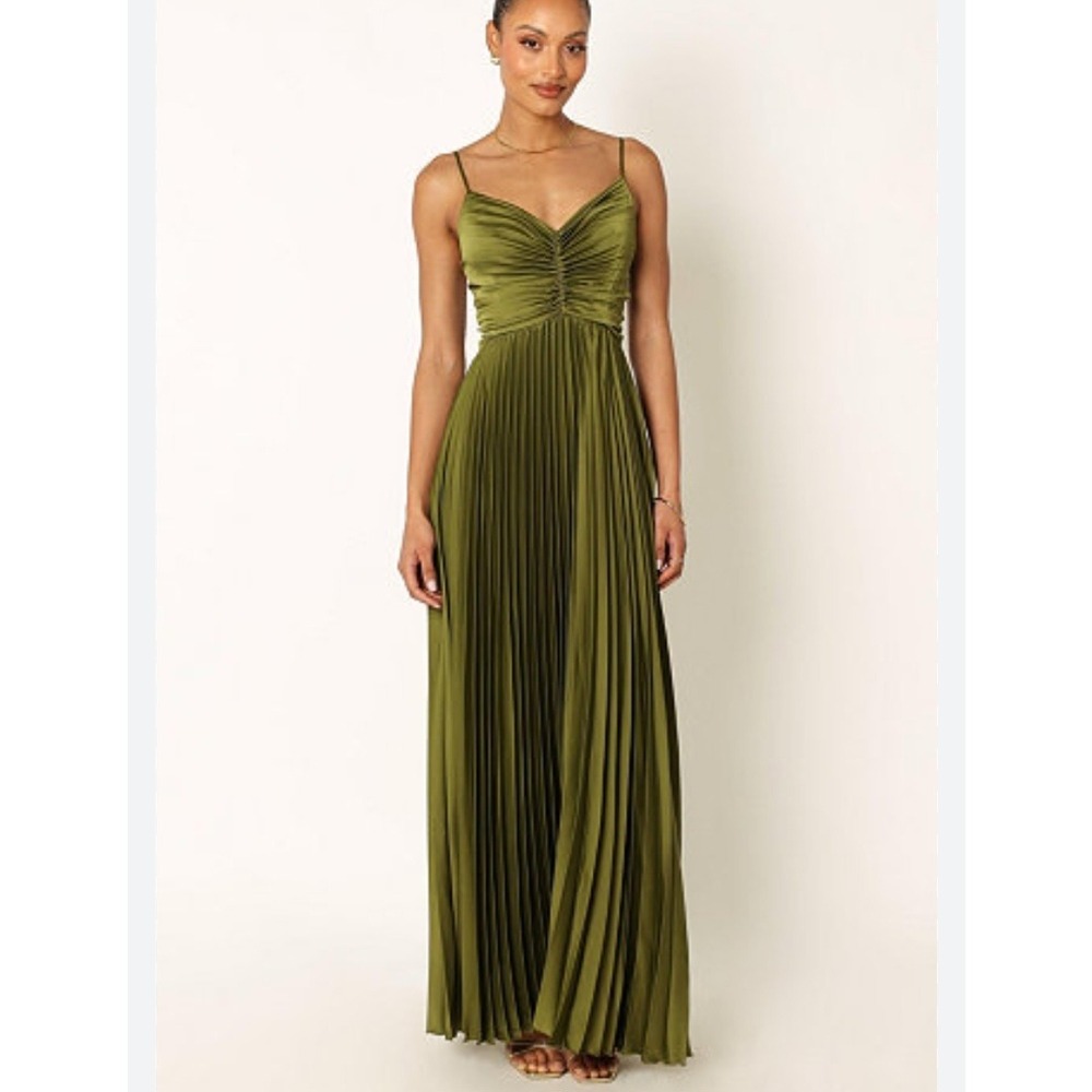 Petal + Pup Olive Green Pleated Maxi Dress Ruched Satin Gown Womens 12 AU 16